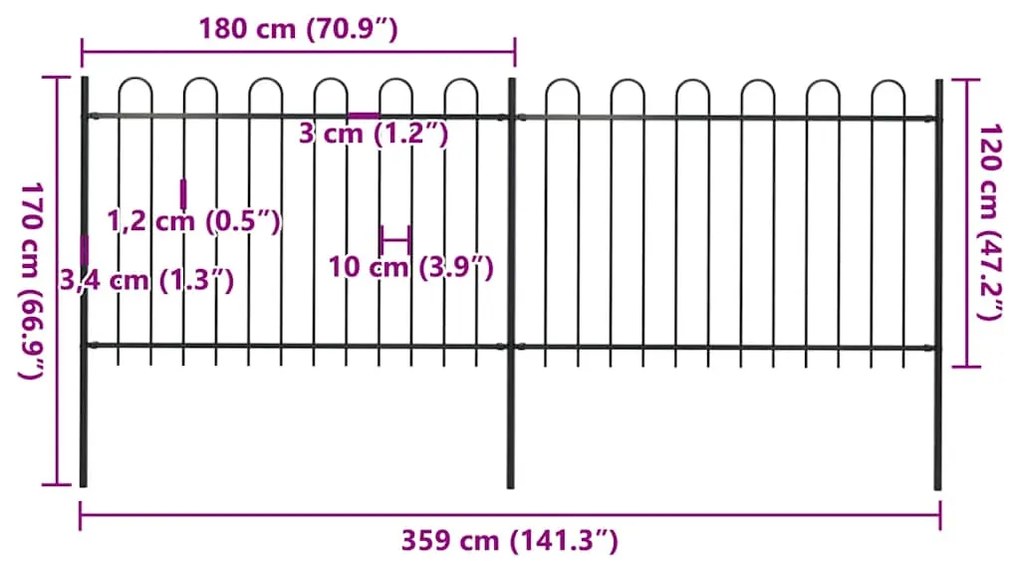 vidaXL Φράχτης Κήπου με Κορυφή από Ατσάλι 359 x 120 εκ. Μαύρος
