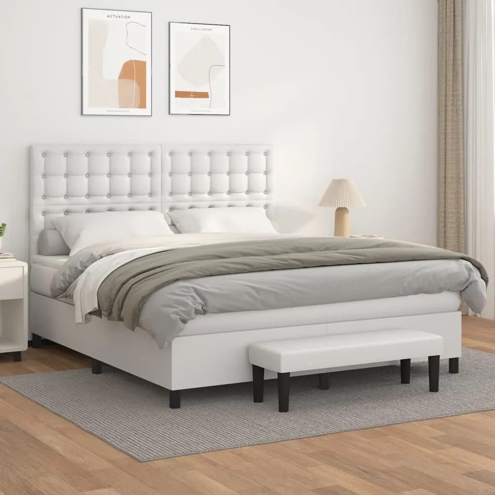 Κρεβάτι Boxspring με Στρώμα Λευκό 180x200 εκ. Συνθετικό Δέρμα - Λευκό