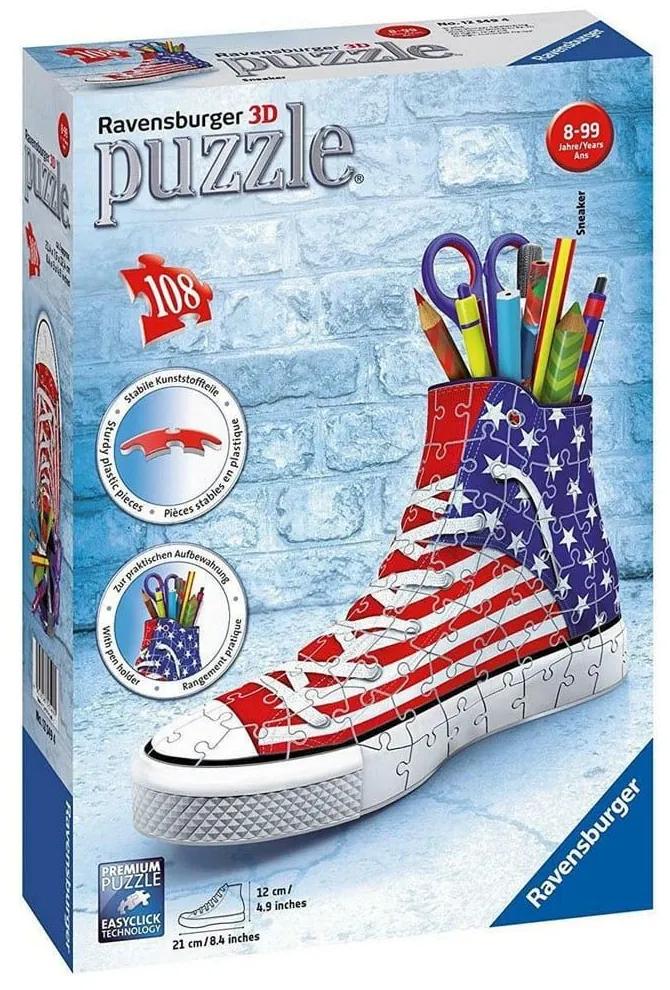 Puzzle 3D Sneaker - Μολυβοθήκη Με Την Αμερικάνικη Σημαία 12549 108τμχ 21x8x12cm 8 Ετών+ Red-Blue Ravensburger