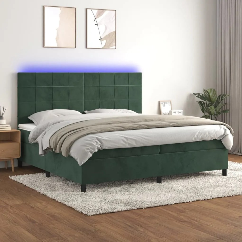 vidaXL Κρεβάτι Boxspring με Στρώμα & LED Σκ. Πράσινο 200x200εκ Βελούδο