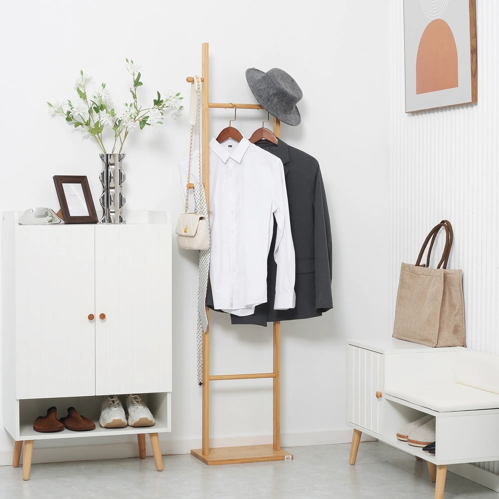 HOMCOM Μοντέρνα κρεμάστρα παλτών, 2 γάντζοι & 3 ράβδοι, ανθεκτικό μπαμπού, 36x24x168 cm, Φυσικό