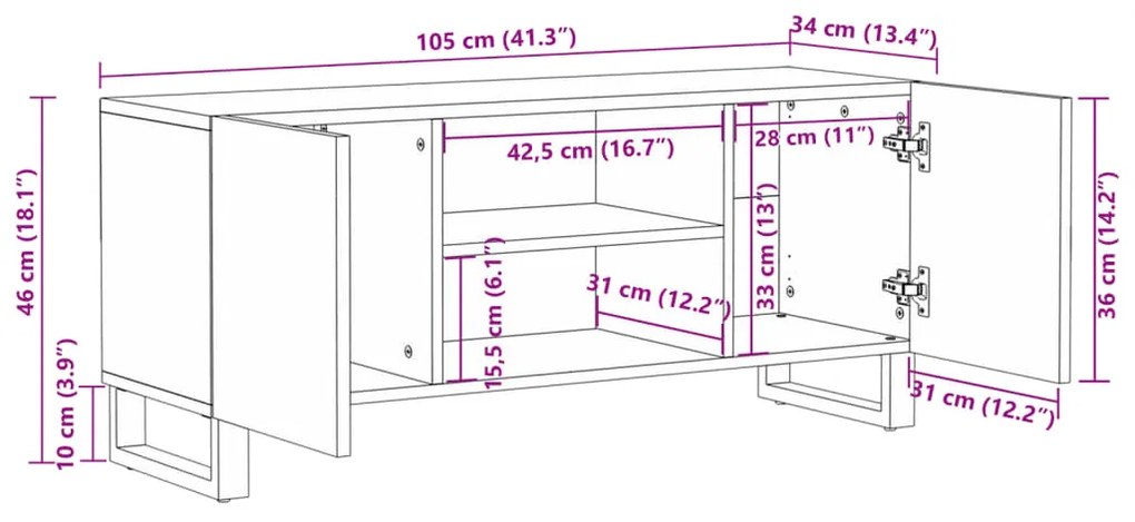 Έπιπλο Τηλεόρασης Καφέ 105x34x46 εκ. Μασίφ Ξύλο Μάνγκο - Καφέ