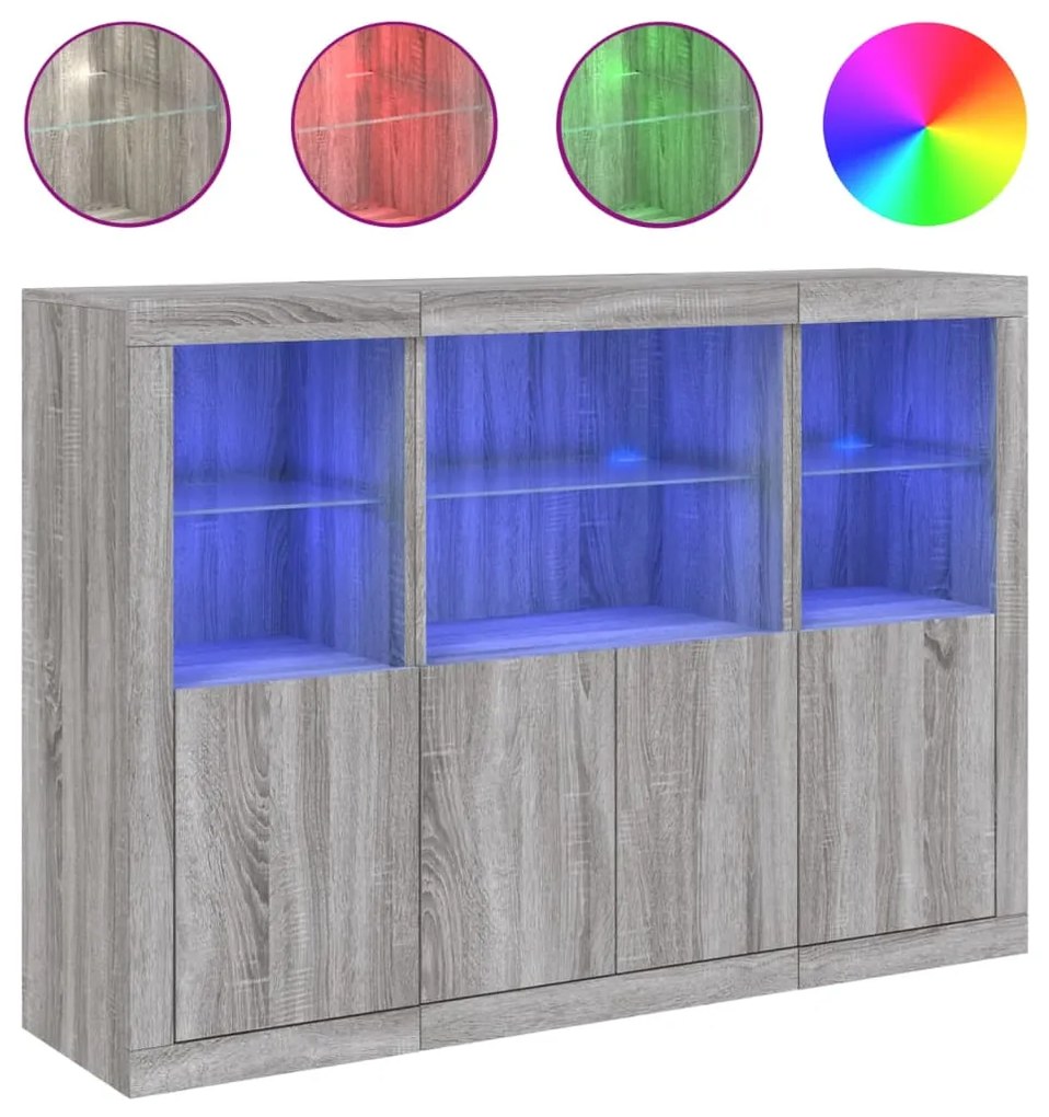 vidaXL Μπουφέδες με Φώτα LED 3 τεμ. Γκρι Sonoma από Επεξεργασμένο Ξύλο