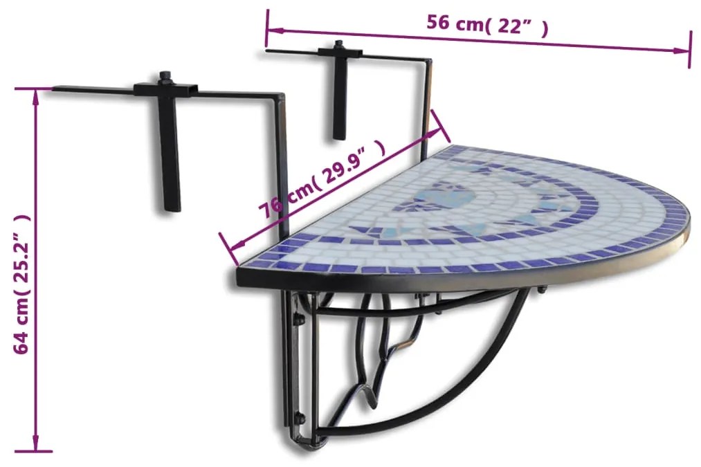 vidaXL Τραπέζι Μπαλκονιού Κρεμαστό «Μωσαϊκό» Μπλε και Λευκό