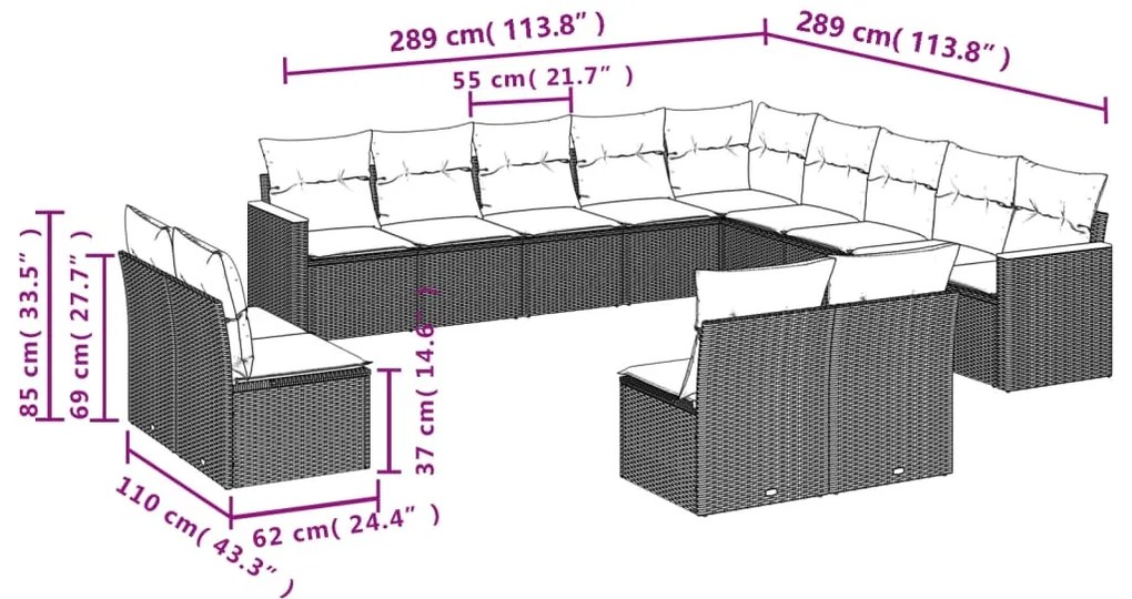 vidaXL Σαλόνι Κήπου 13 τεμ. Μαύρο από Συνθ. Ρατάν με Μαξιλάρια