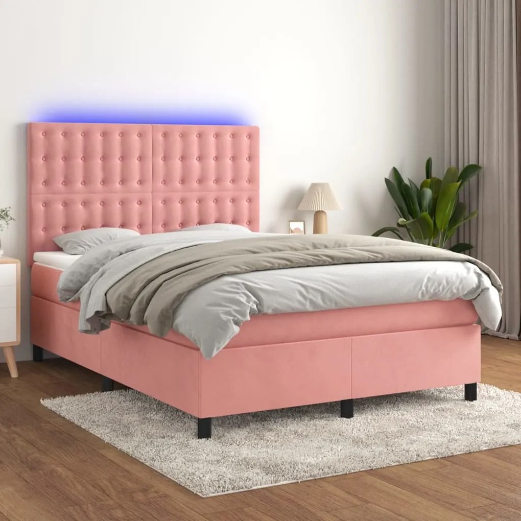 vidaXL Κρεβάτι Boxspring με Στρώμα & LED Ροζ 140x190 εκ. Βελούδινο