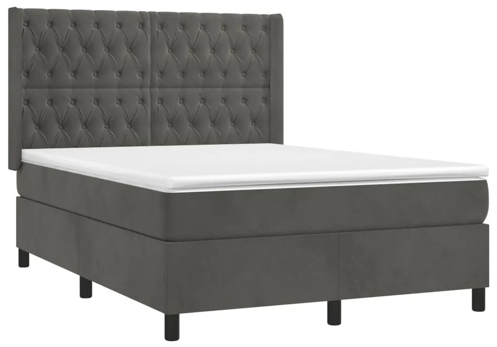 vidaXL Κρεβάτι Boxspring με Στρώμα & LED Σκ. Γκρι 140x190εκ. Βελούδινο