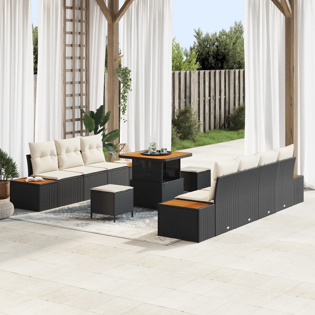 vidaXL Σετ Κήπου 10 Τεμαχίων με Μαξιλάρια Μαύρο, Poly Rattan, Acacia