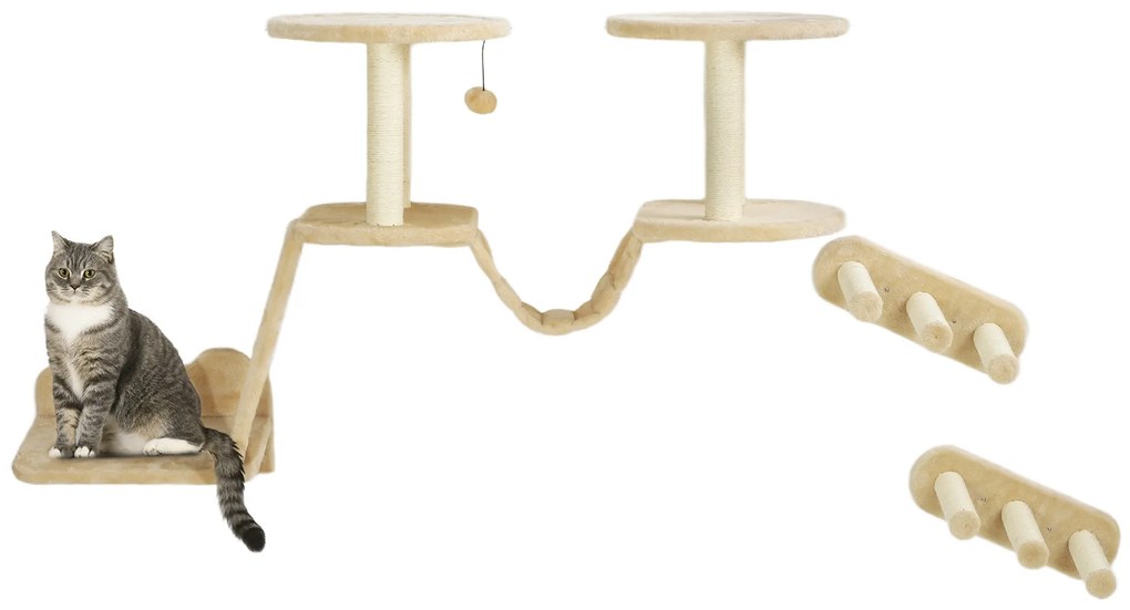 Σετ σκάλες για γάτες PawHut, τοποθέτηση σε τοίχο και οροφή, για γάτες έως 5 kg, μπεζ