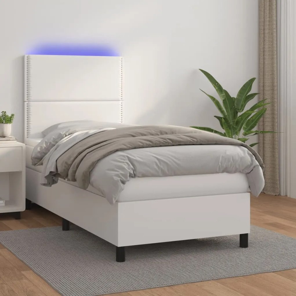 Κρεβάτι Boxspring με Στρώμα &amp; LED Λευκό 90x190 εκ. Συνθ. Δέρμα