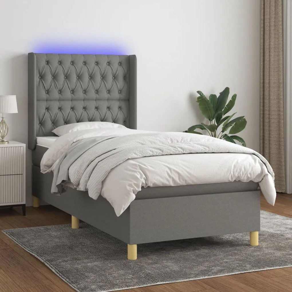 Κρεβάτι Boxspring με Στρώμα &amp; LED Σκ.Γκρι 90x190 εκ. Υφασμάτινο