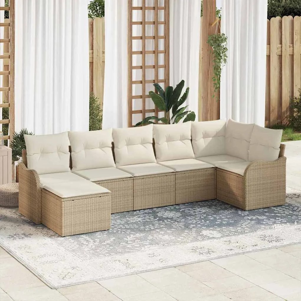 vidaXL Σετ Καναπέ Κήπου με μαξιλάρι 7 pcs Beige, λευκό Πολυ ράταν