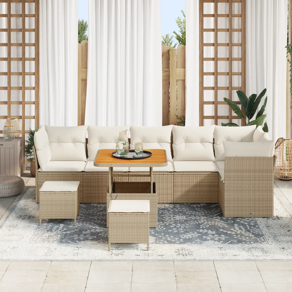 vidaXL Σετ Καναπέ Έξω με 9 Κομμάτια και Μαξιλάρια Μπεζ Πολυ Ράτταν Ακακίας