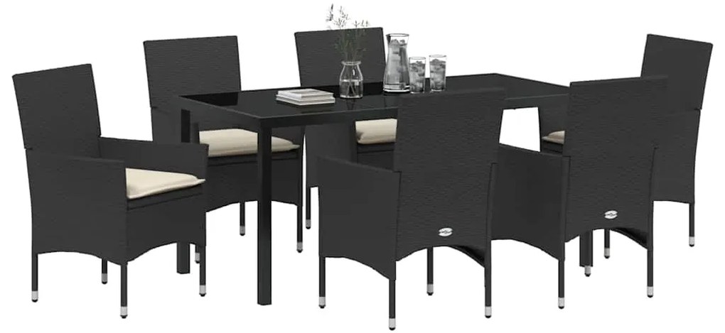 vidaXL Σέτ φαγητού για κήπο με μαξιλάρι 7 pcs Μαύρο συνθετικό ρατάν