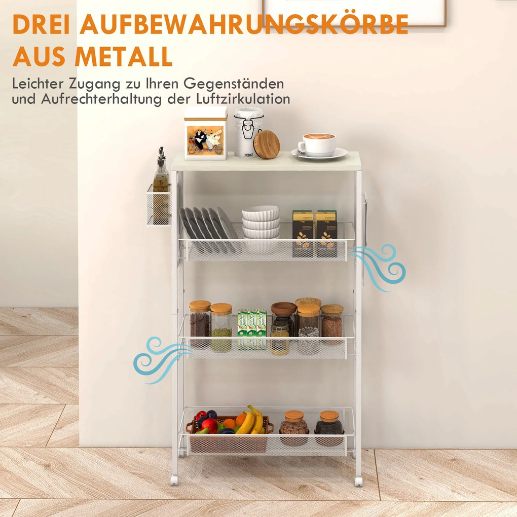 HOMCOM Καρότσι Ντουλάπι Πολλαπλών Χρήσεων, 3 Ράφια, Γάντζοι, 58 cm x 18,5 cm x 87 cm, Λευκό