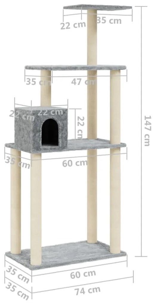 Γατόδεντρο Ανοιχτό Γκρι 147 εκ. με Στύλους Ξυσίματος από Σιζάλ - Γκρι