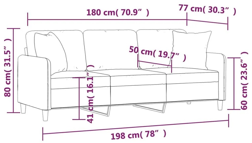 Καναπές Τριθέσιος Κρεμ 180 εκ. Υφασμάτινος με Μαξιλάρια - Κρεμ