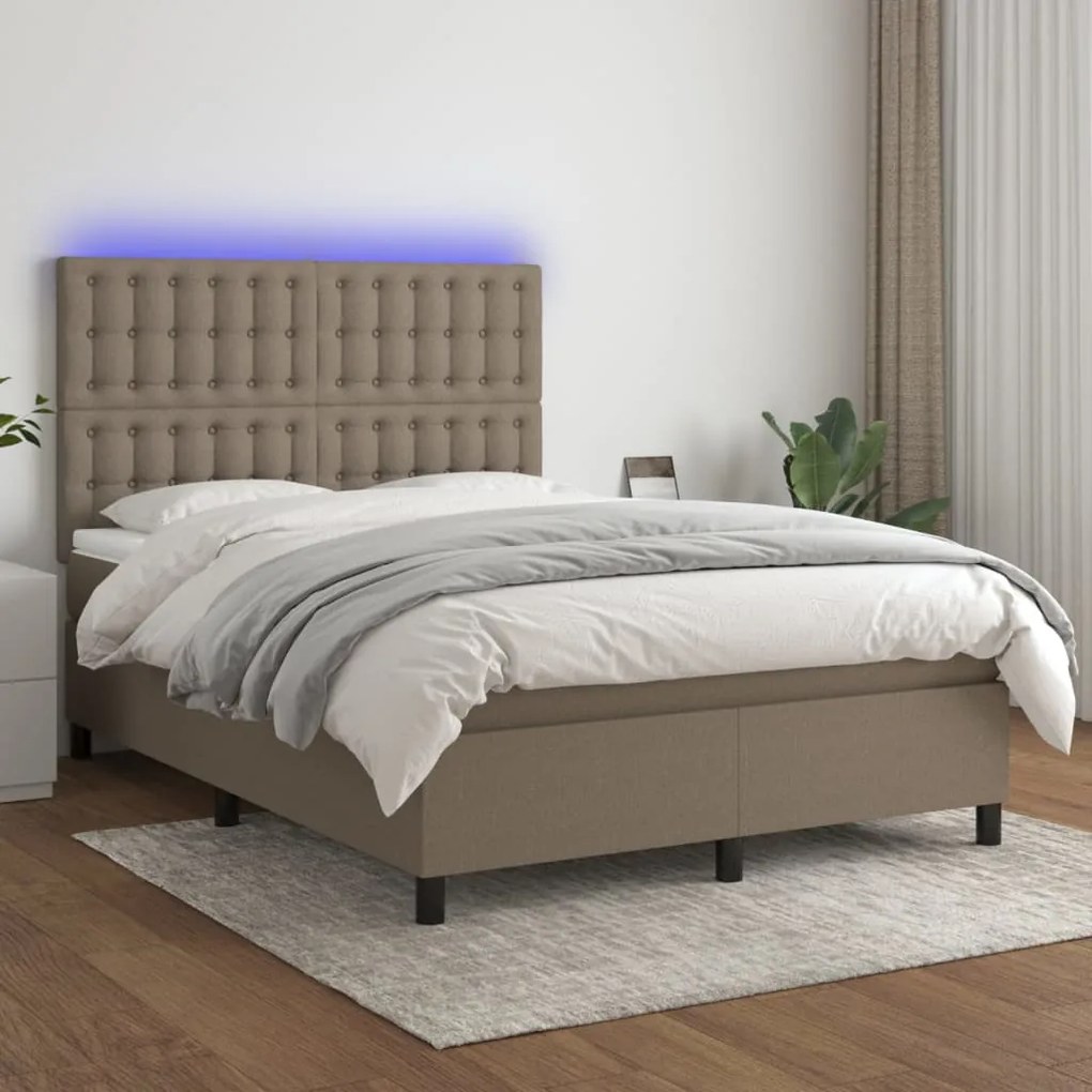 Κρεβάτι Boxspring με Στρώμα &amp; LED Taupe 140x190 εκ. Υφασμάτινο