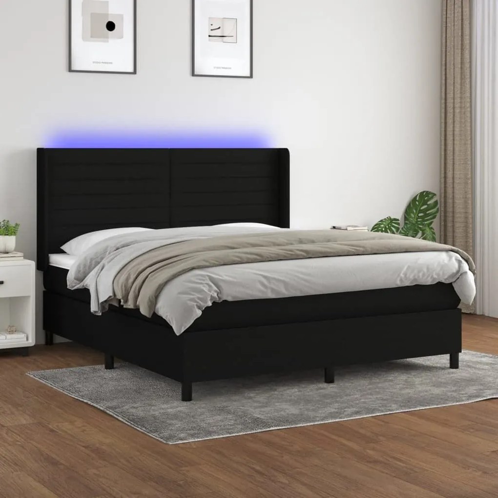 Κρεβάτι Boxspring με Στρώμα &amp; LED Μαύρο 180x200 εκ. Υφασμάτινο - Μαύρο