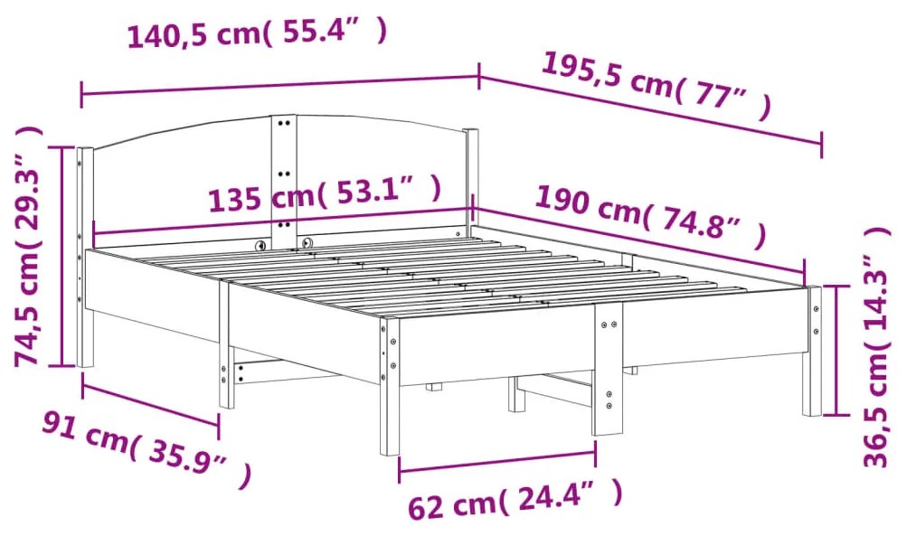 Σκελετός Κρεβ. Χωρίς Στρώμα Καφέ Κεριού 135x190 εκ Μασίφ Πεύκο - Καφέ