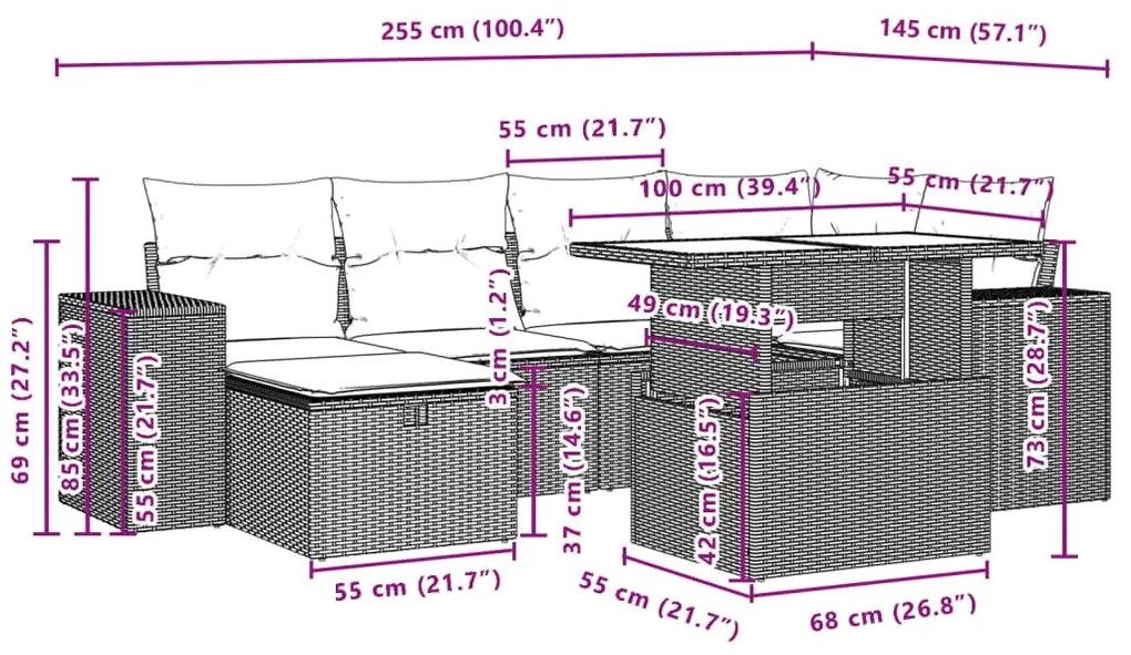 Καναπές Σετ 7 Τεμαχίων Μαύρο Συνθετικό Ρατάν με Μαξιλάρια - Μαύρο