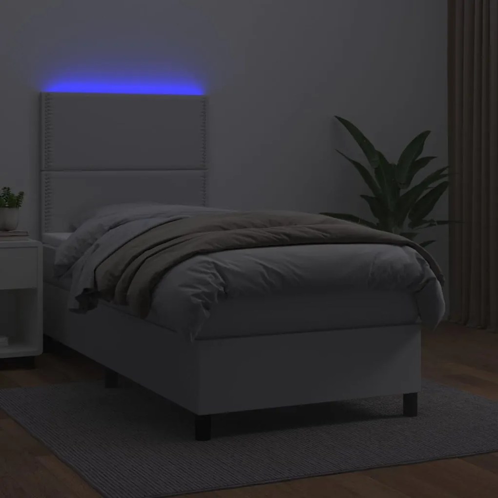 vidaXL Κρεβάτι Boxspring με Στρώμα & LED Λευκό 90x200 εκ. Συνθ. Δέρμα