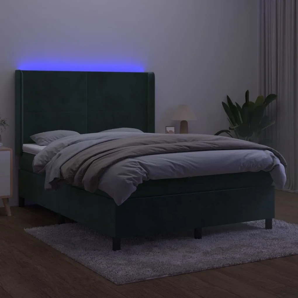 vidaXL Κρεβάτι Boxspring με Στρώμα & LED Σκ. Πράσινο 140x200εκ Βελούδο