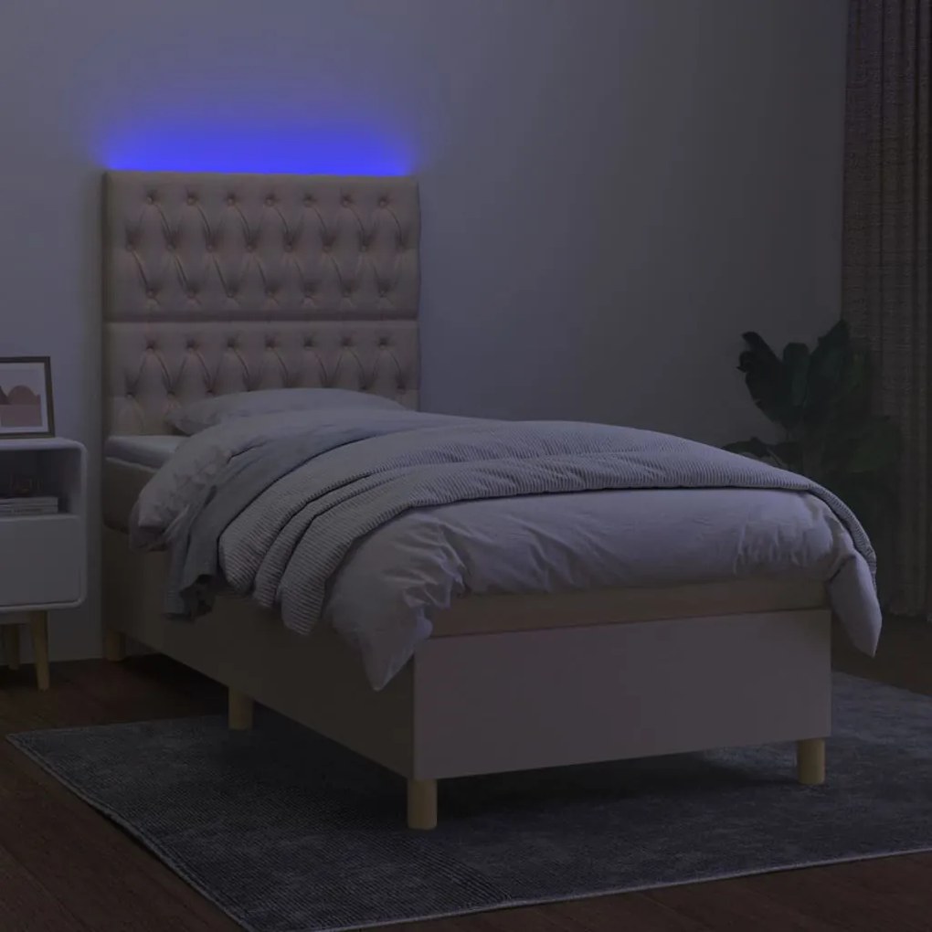 Κρεβάτι Boxspring με Στρώμα &amp; LED Κρεμ 100x200 εκ. Υφασμάτινο - Κρεμ