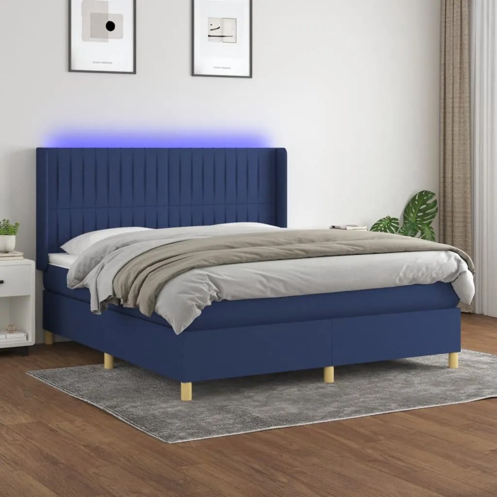 vidaXL Κρεβάτι Boxspring με Στρώμα & LED Μπλε 180x200 εκ. Υφασμάτινο