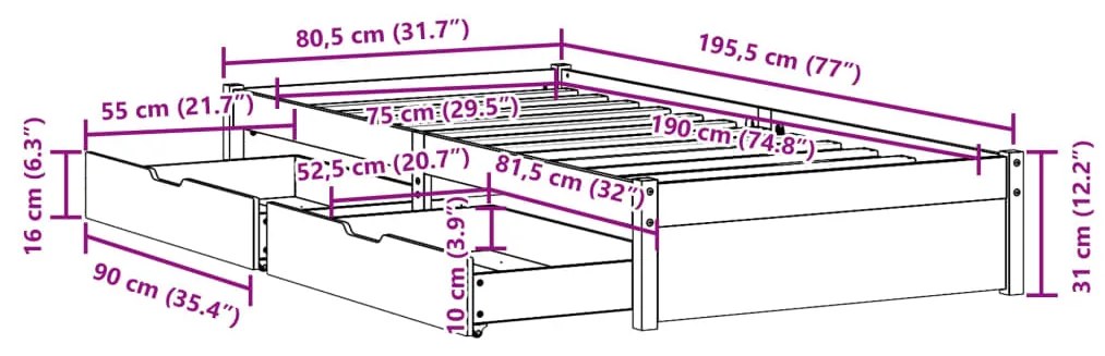 Σκελετός Κρεβ. Χωρίς Στρώμα Λευκό 75x190 εκ Μασίφ Πεύκο - Λευκό