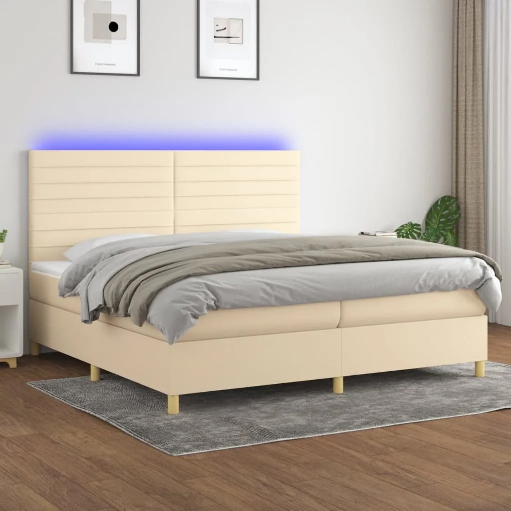 vidaXL Κρεβάτι Boxspring με Στρώμα &amp; LED Κρεμ 200x200 εκ. Υφασμάτινο