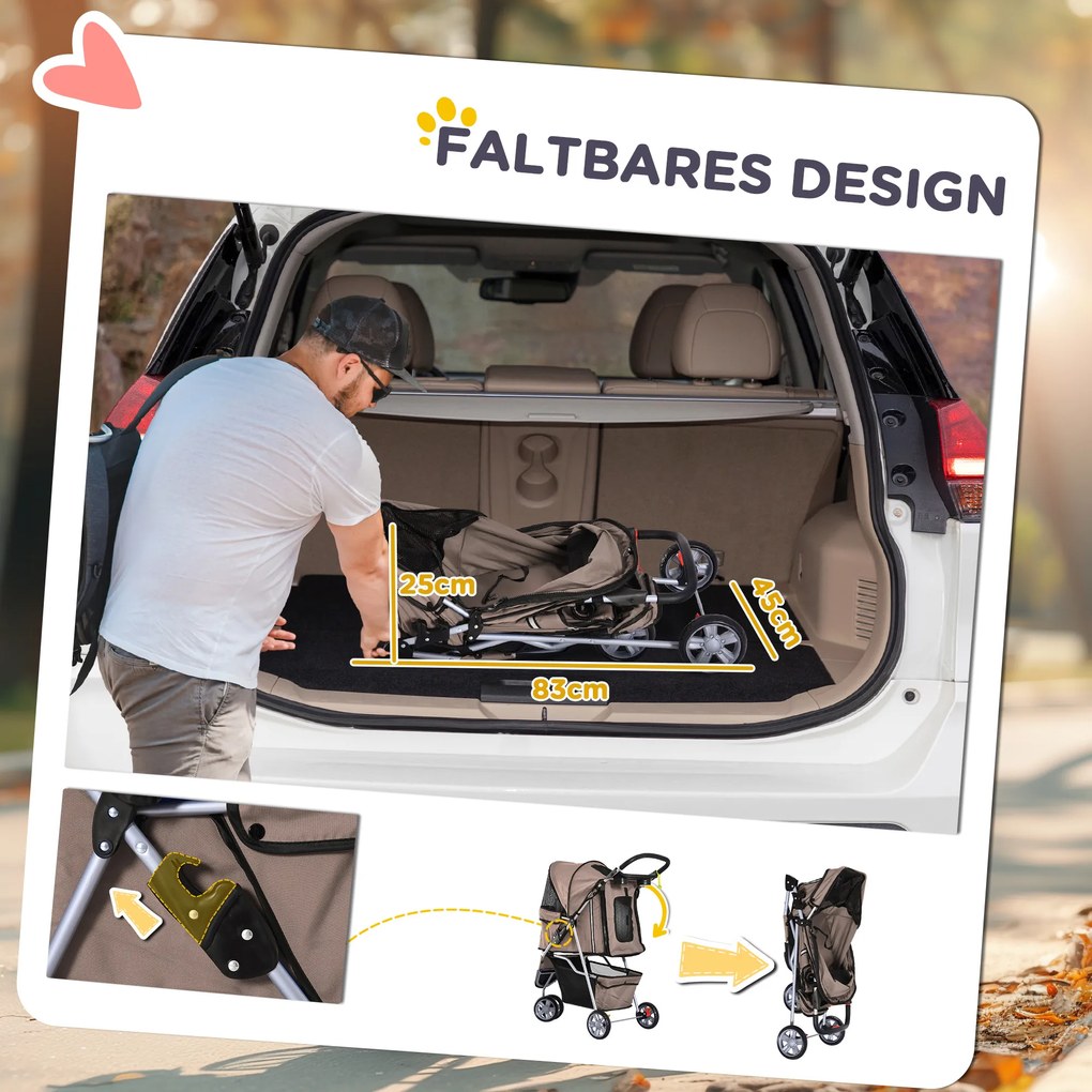 PawHut Καρότσι Σκύλου έως 10 kg Αναδιπλούμενο Καλάθι Εδάφους 2 Βάσεις Ποτηριών Ρυθμιζόμενη Τέντα Καστανό