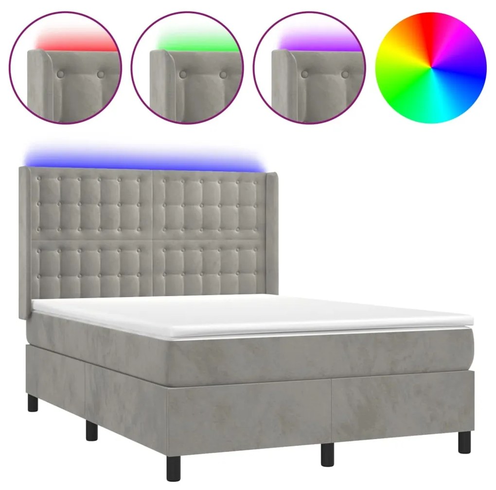 Κρεβάτι Boxspring με Στρώμα &amp; LED Αν.Γκρι 140x200 εκ. Βελούδινο - Γκρι