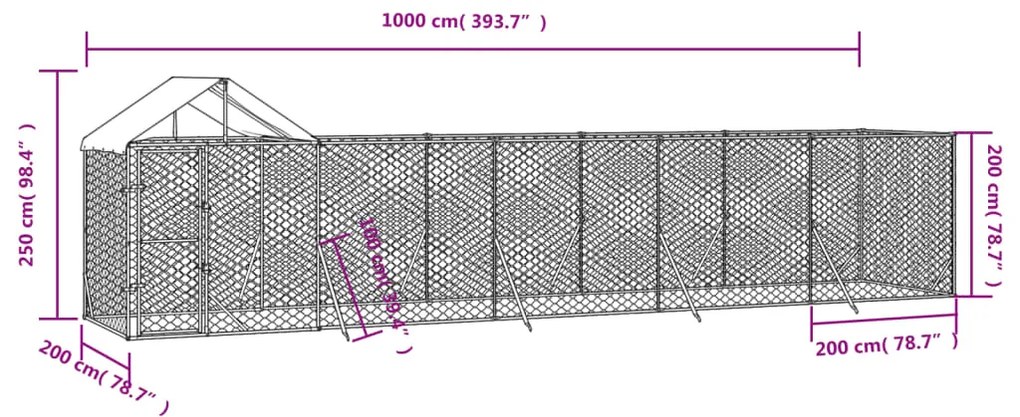 vidaXL Κλουβί Σκύλου Εξ. Χώρου με Οροφή Ασημί 10x2x2,5 μ. Γαλβ. Ατσάλι