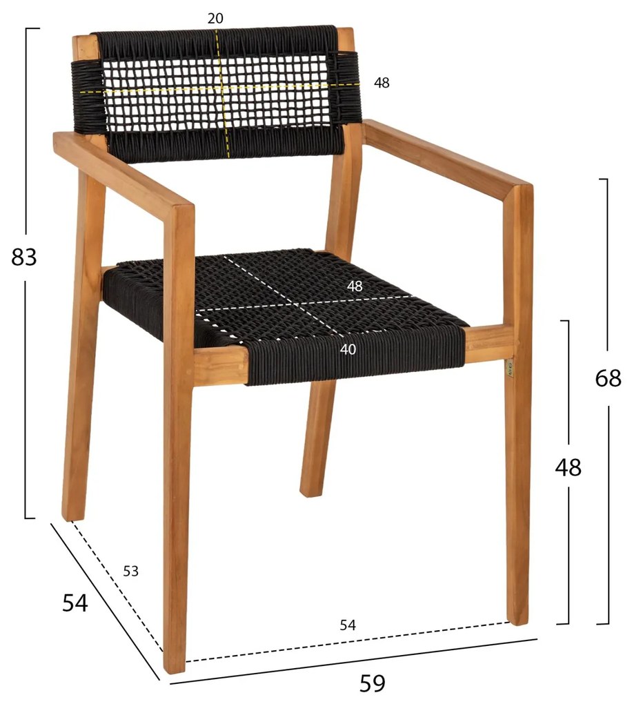 Πολυθρόνα CHARLOTTE Ξύλο Teak Φυσικό και Μαύρο Σχοινί 59x54x83Yεκ. 59x54x83 εκ.