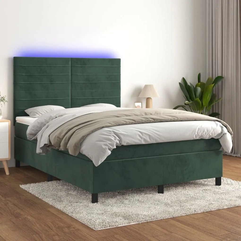 vidaXL Κρεβάτι Boxspring με Στρώμα & LED Σκ. Πράσινο 140x190εκ Βελούδο