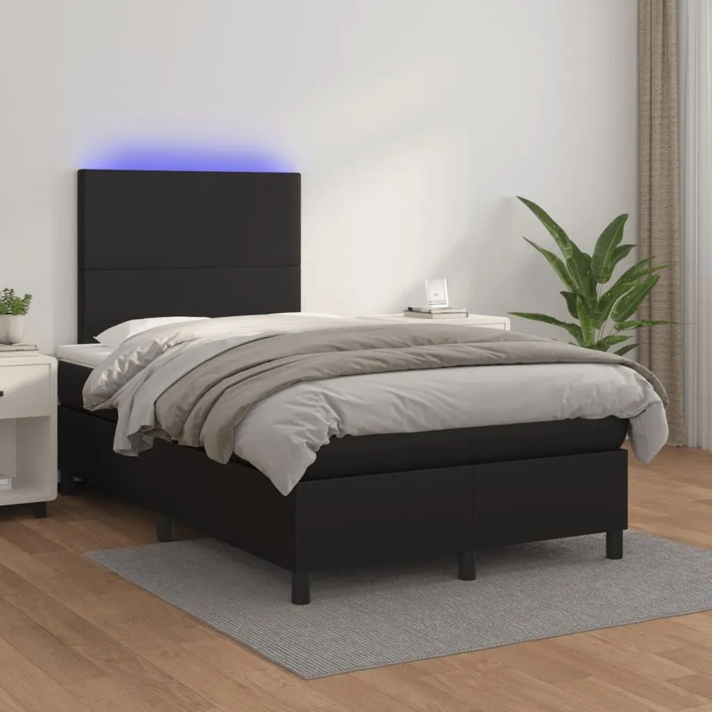 Κρεβάτι Boxspring με Στρώμα&amp;LED Μαύρο 120x190εκ.Συνθετικό Δέρμα - Μαύρο