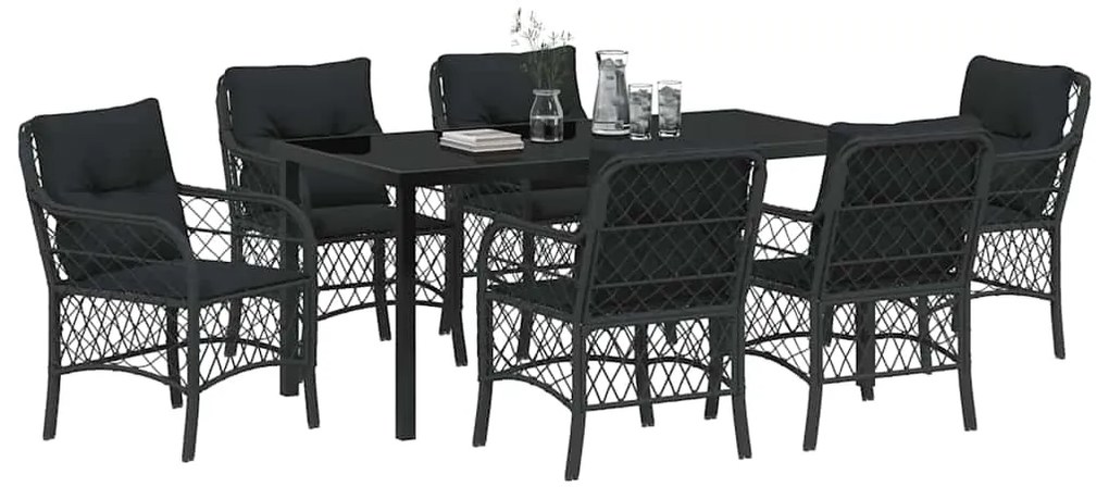 vidaXL Σέτ φαγητού για κήπο με μαξιλάρι 7 pcs Μαύρο συνθετικό ρατάν