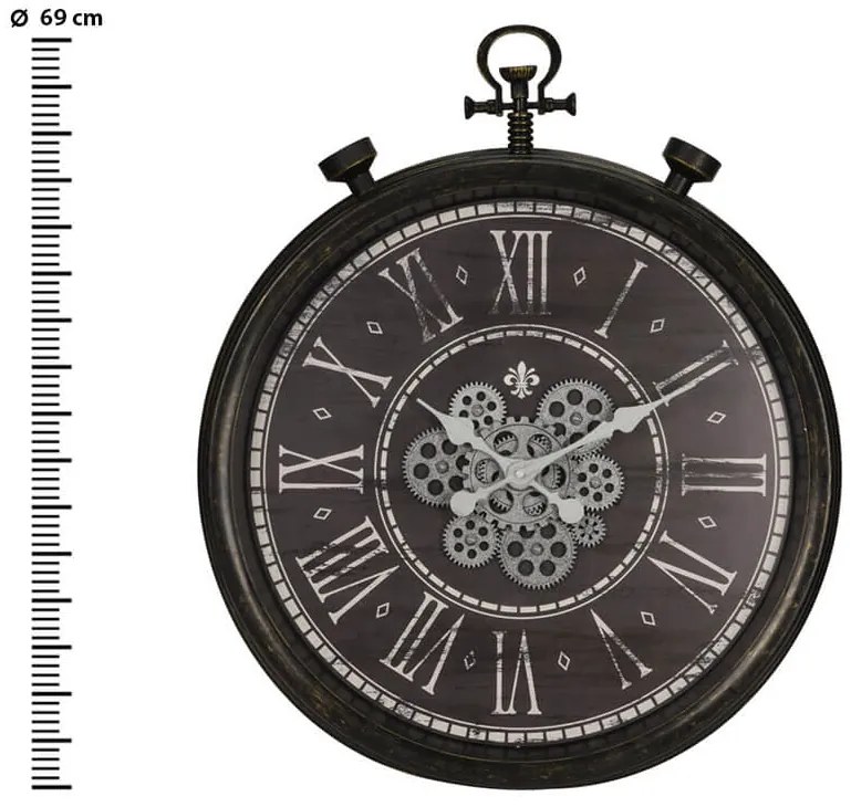 Ρολόι τοίχου Αναλογικό με ρωμαϊκούς αριθμούς &amp; σχέδιο περιστροφικού μηχανισμού, 69x7.5cm - Μαύρο/Καφέ