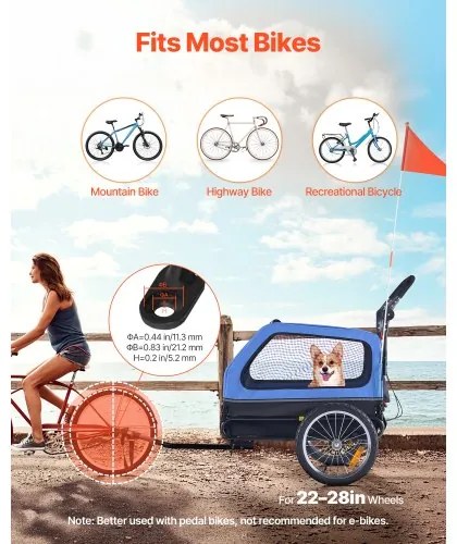 VEVOR Dog Bike Trailer, Supports up to 40 kg, 2-in-1 Pet Stroller Cart Bicycle Carrier for Small &amp; Large Dogs, Easy Folding Frame with Quick Release Wheel, Universal Bicycle Coupler, Internal Leash