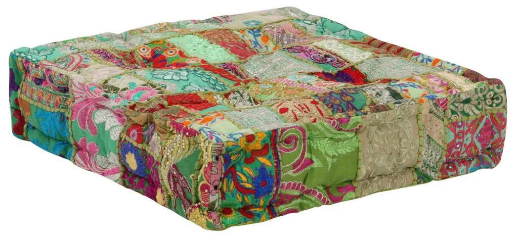 vidaXL Πουφ Patchwork Τετράγωνο Χειροπ. Πράσινο 50x50x12 εκ. Βαμβάκι
