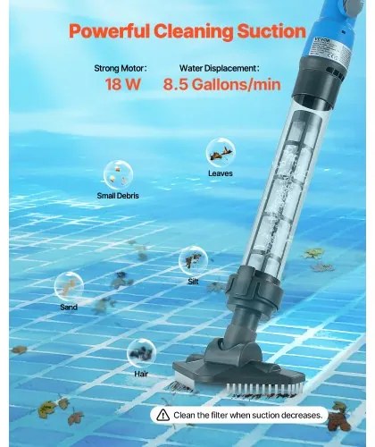 VEVOR Pool Vacuum 8.5 GPM Rechargeable Pool Cleaner Max. 1H with Extension Pole