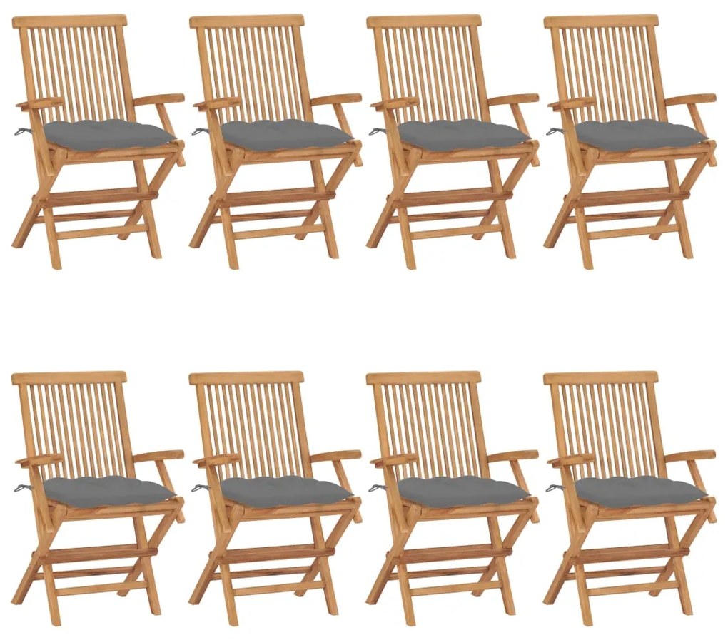 Καρέκλες Κήπου 8 τεμ. από Μασίφ Ξύλο Teak με Γκρι Μαξιλάρια