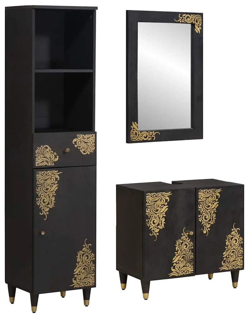 Σετ Ντουλαπιών Μπάνιου Επιτοίχιο 3 pcs Μαύρο Στερεό ξύλο μάνγκο