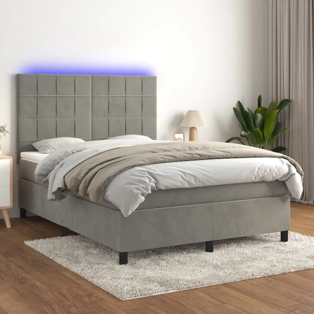 Κρεβάτι Boxspring με Στρώμα &amp; LED Αν.Γκρι 140x200 εκ. Βελούδινο