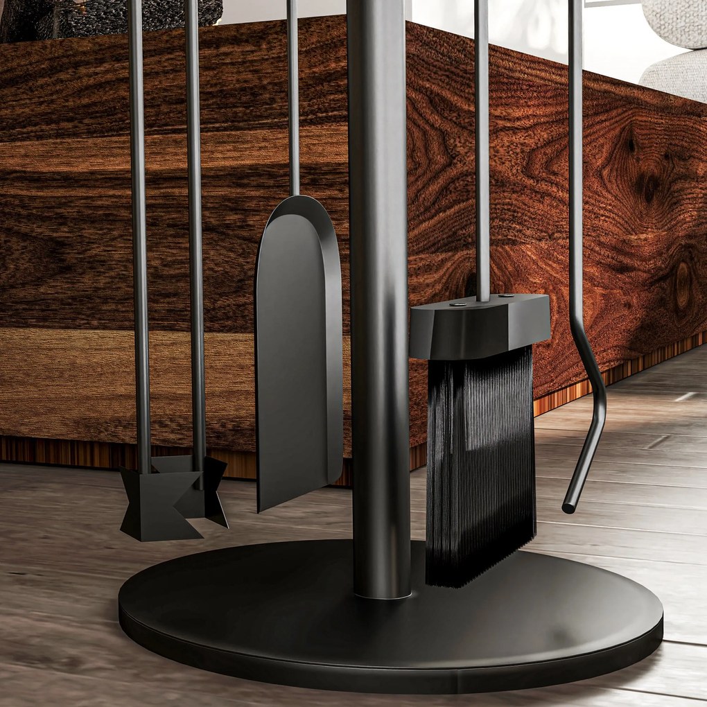 Outsunny Σετ εργαλείων τζακιού, 5 τεμαχίων, σκούπα, φτυάρι, τανάλια, εργαλείο για κάρβουνα και βάση, πυρίμαχο μέταλλο, Μαύρο