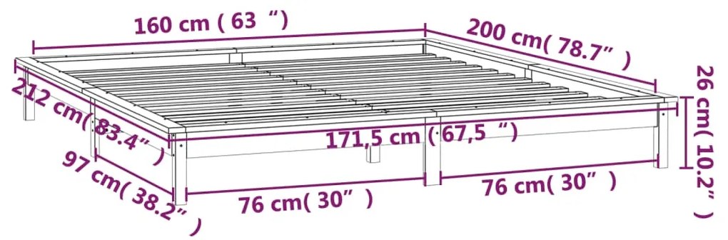 Πλαίσιο Κρεβατιού με LED Μαύρο 160 x 200 εκ. από Μασίφ Ξύλο - Μαύρο