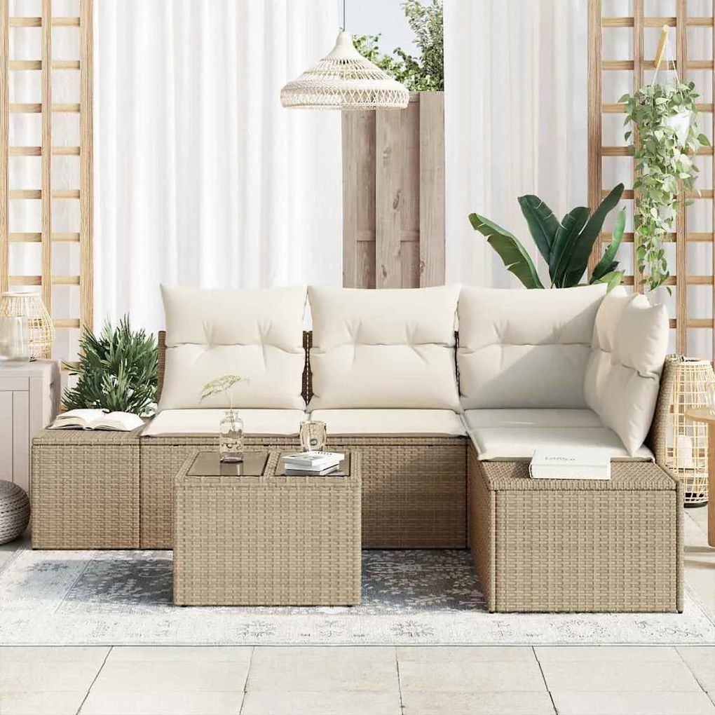 vidaXL Σετ Καναπέ Κήπου 5 pcs Μπεζ, Κρέμα Πολυ rattan, βαμμένο ατσάλι