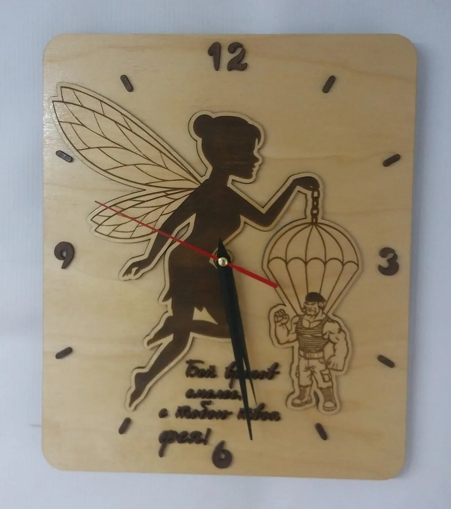 Intra απο ξύλο plywood 3mm-4mm πάχος - Παιδικό ρολόι τοίχου αλεξιπτωτιστής με τη νεράιδα Δίασταση 30x30 cm Intraeaxys-e1gknnmo