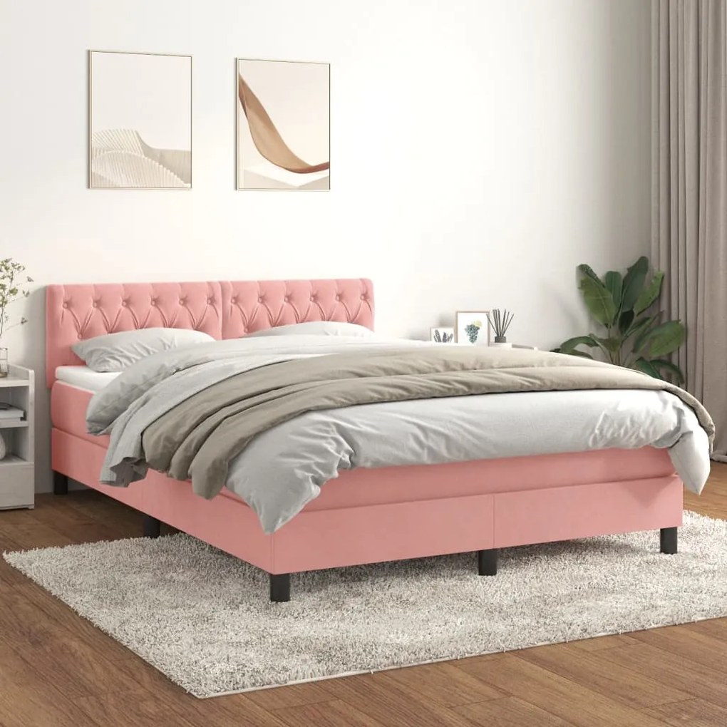 Κρεβάτι Boxspring με Στρώμα Ροζ 140x200 εκ. Βελούδινο